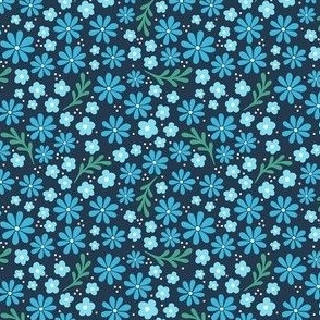 Small Scale Fun Flowers in Shades of Blue on Navy