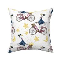 Goodnight goose on bicycle with moon and stars