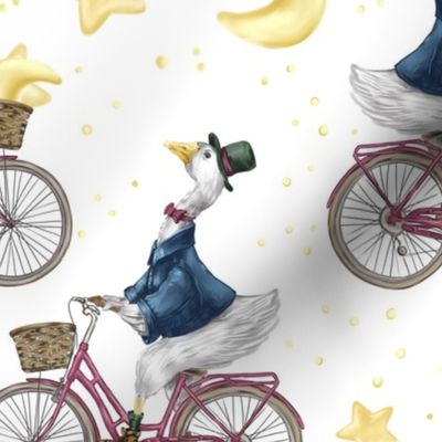 Goodnight goose on bicycle with moon and stars