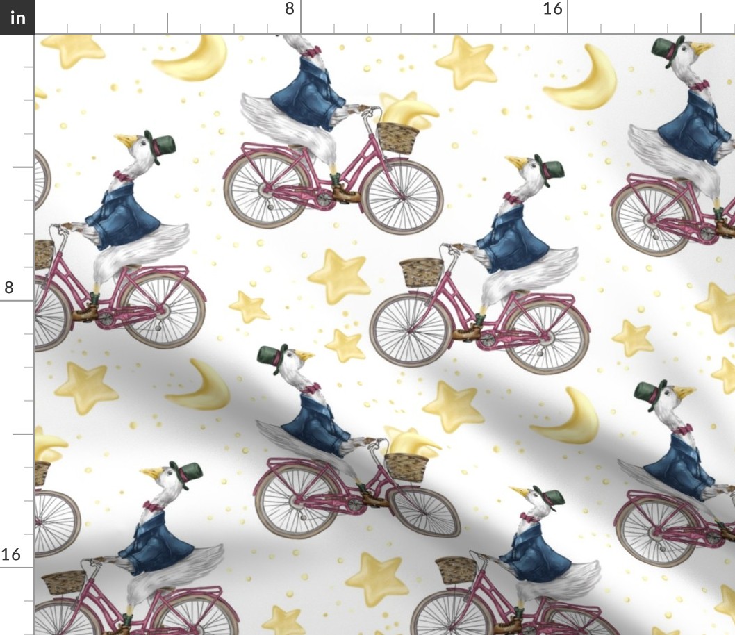 Goodnight goose on bicycle with moon and stars