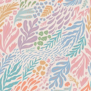 Large Summer Matisse Inspired Intricate Corals in Pastel Colors and Ivory Ground for Wallpaper