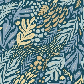 Large Summer Matisse Inspired Intricate Corals in Gold and Baby Blue for Wallpaper
