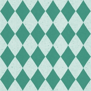 Classic diamond​,​ harlequin pattern in jade green on a mint green background with vintage linen texture