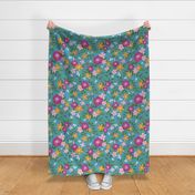 Boho chic poppy floral linen  look textured on blue-grey background