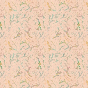 Small marbled green seaweed and kelp water plants on a sand colored background with a vintage linen texture