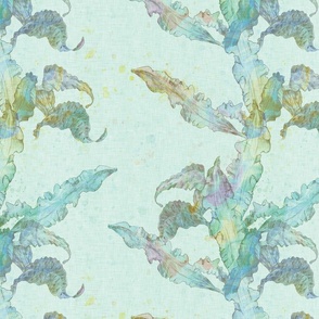 Kelp and seaweed plants on a green marbled background with vintage linen texture