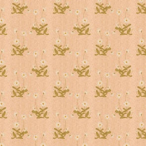 Floral pattern with little daisy plants on a tan background with vintage linen texture