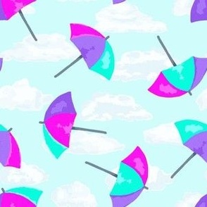 Beach Umbrellas Teal Purple PInk with Clouds