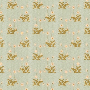 Floral pattern with little daisy plants on a duck egg blue background with vintage linen texture