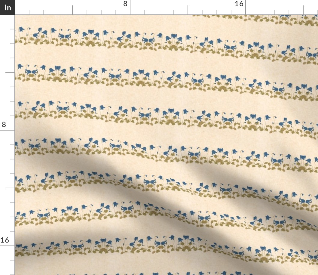 Horizontal little bluebell flower stripe on a cream background with vintage linen texture