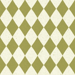 Classic diamond​,​ harlequin pattern in lime green on a light green background with vintage linen texture
