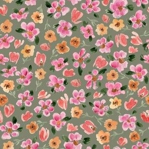 Small - Dainty Summer Florals - Grey Green - 6x6 fabric // 24x24 wallpaper
