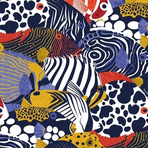 Large jumbo scale // So-fish-ticated pattern clash // oxford navy blue neon orange red yellow and electric blue quirky angelfishes and other fishes 