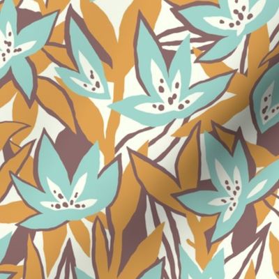 Pastel tropical flowers in mint and mustard - medium scale