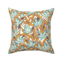Pastel tropical flowers in mint and mustard - medium scale