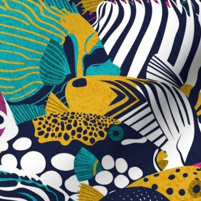 So-fish-ticated pattern clash // normal scale // oxford navy blue fuchsia pink red yellow and teal quirky angelfishes and other fishes 