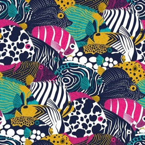 So-fish-ticated pattern clash // normal scale // oxford navy blue fuchsia pink red yellow and teal quirky angelfishes and other fishes 