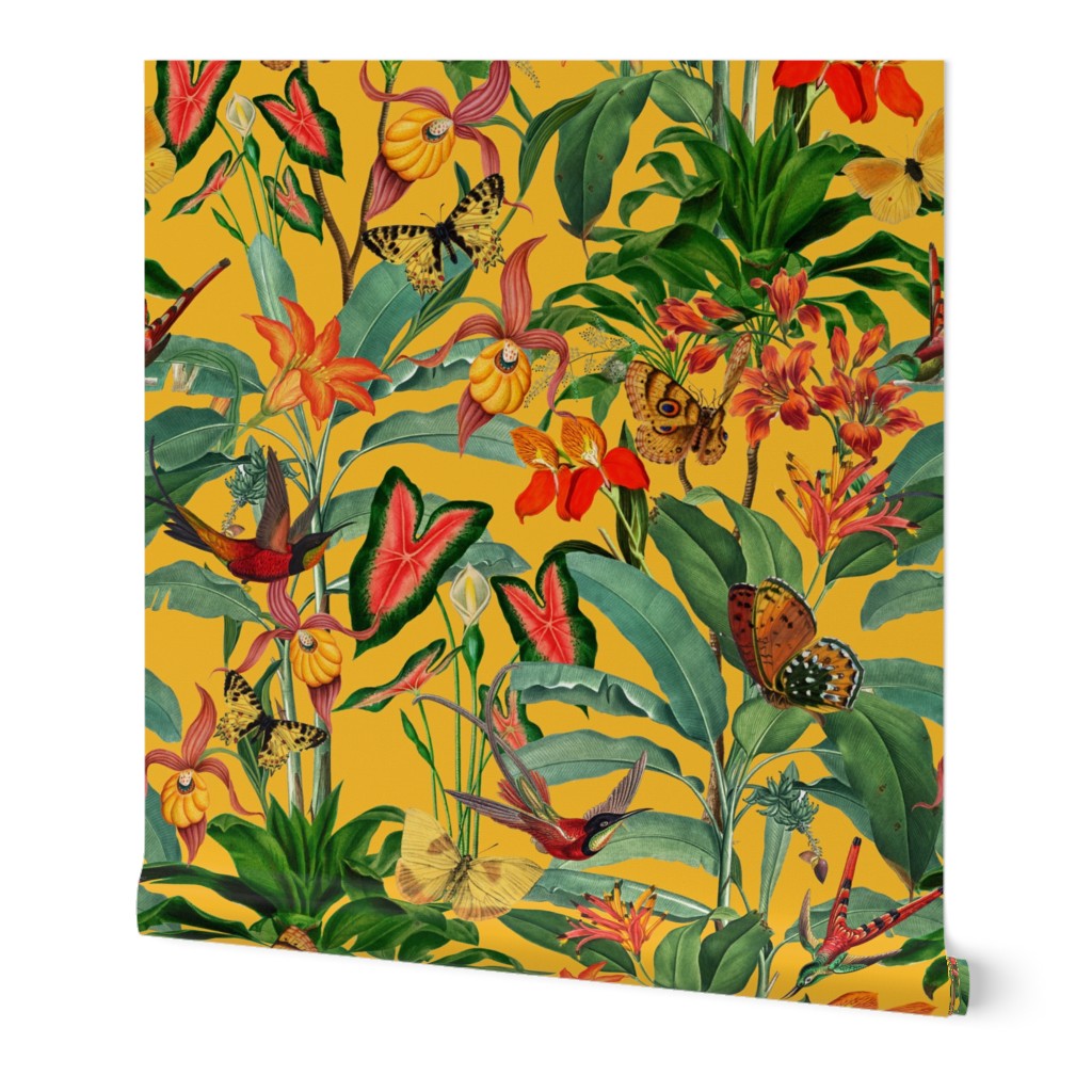 14" Exotic Jungle Beauty: A Vintage Botanical Pattern Featuring Orchids, Hummingbirds, and Butterflies  sunny yellow