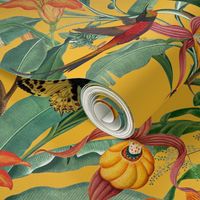 14" Exotic Jungle Beauty: A Vintage Botanical Pattern Featuring Orchids, Hummingbirds, and Butterflies  sunny yellow