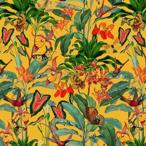 14" Exotic Jungle Beauty: A Vintage Botanical Pattern Featuring Orchids, Hummingbirds, and Butterflies  sunny yellow