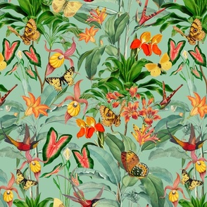 14" Exotic Jungle Beauty: A Vintage Botanical Pattern Featuring Orchids, Hummingbirds, and Butterflies green