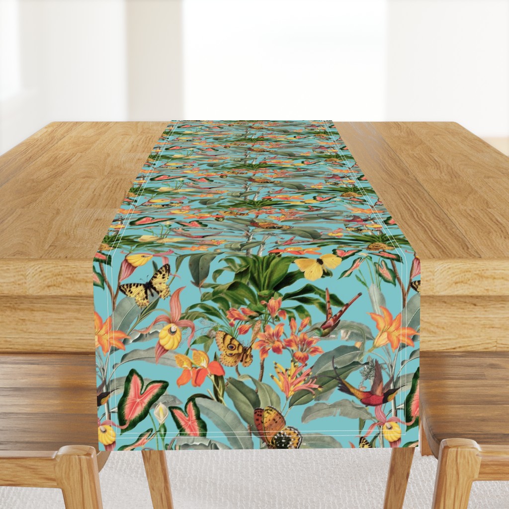 14" Exotic Jungle Beauty: A Vintage Botanical Pattern Featuring Orchids, Hummingbirds, and Butterflies turquoise for home decor or wallpaper