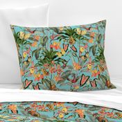 14" Exotic Jungle Beauty: A Vintage Botanical Pattern Featuring Orchids, Hummingbirds, and Butterflies turquoise for home decor or wallpaper