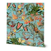 14" Exotic Jungle Beauty: A Vintage Botanical Pattern Featuring Orchids, Hummingbirds, and Butterflies turquoise for home decor or wallpaper