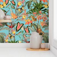 14" Exotic Jungle Beauty: A Vintage Botanical Pattern Featuring Orchids, Hummingbirds, and Butterflies turquoise for home decor or wallpaper