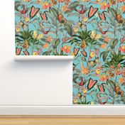 14" Exotic Jungle Beauty: A Vintage Botanical Pattern Featuring Orchids, Hummingbirds, and Butterflies turquoise for home decor or wallpaper