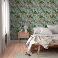 14" Exotic Jungle Beauty: A Vintage Botanical Pattern Featuring Orchids, Hummingbirds, and Butterflies turquoise for home decor or wallpaper