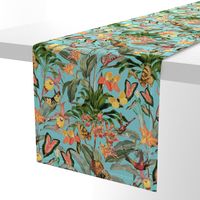 14" Exotic Jungle Beauty: A Vintage Botanical Pattern Featuring Orchids, Hummingbirds, and Butterflies turquoise for home decor or wallpaper