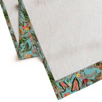 14" Exotic Jungle Beauty: A Vintage Botanical Pattern Featuring Orchids, Hummingbirds, and Butterflies turquoise for home decor or wallpaper