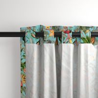 14" Exotic Jungle Beauty: A Vintage Botanical Pattern Featuring Orchids, Hummingbirds, and Butterflies turquoise for home decor or wallpaper