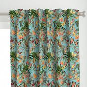 14" Exotic Jungle Beauty: A Vintage Botanical Pattern Featuring Orchids, Hummingbirds, and Butterflies turquoise for home decor or wallpaper