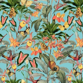 14" Exotic Jungle Beauty: A Vintage Botanical Pattern Featuring Orchids, Hummingbirds, and Butterflies turquoise for home decor or wallpaper