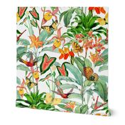 14" Exotic Jungle Beauty: A Vintage Botanical Pattern Featuring Orchids, Hummingbirds, and Butterflies white