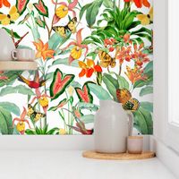 14" Exotic Jungle Beauty: A Vintage Botanical Pattern Featuring Orchids, Hummingbirds, and Butterflies white