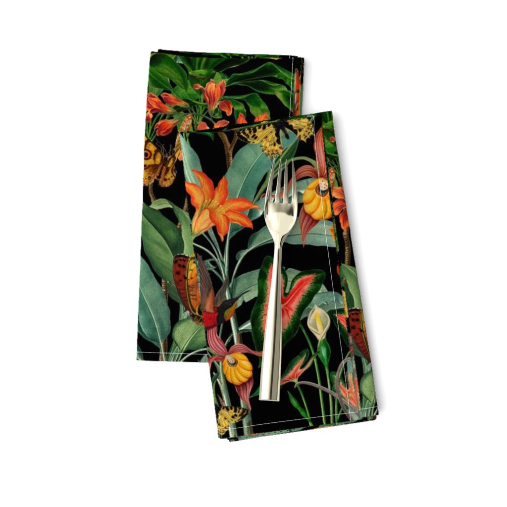 14" Exotic Jungle Beauty: A Vintage Botanical Pattern Featuring Orchids, Hummingbirds, and Butterflies black