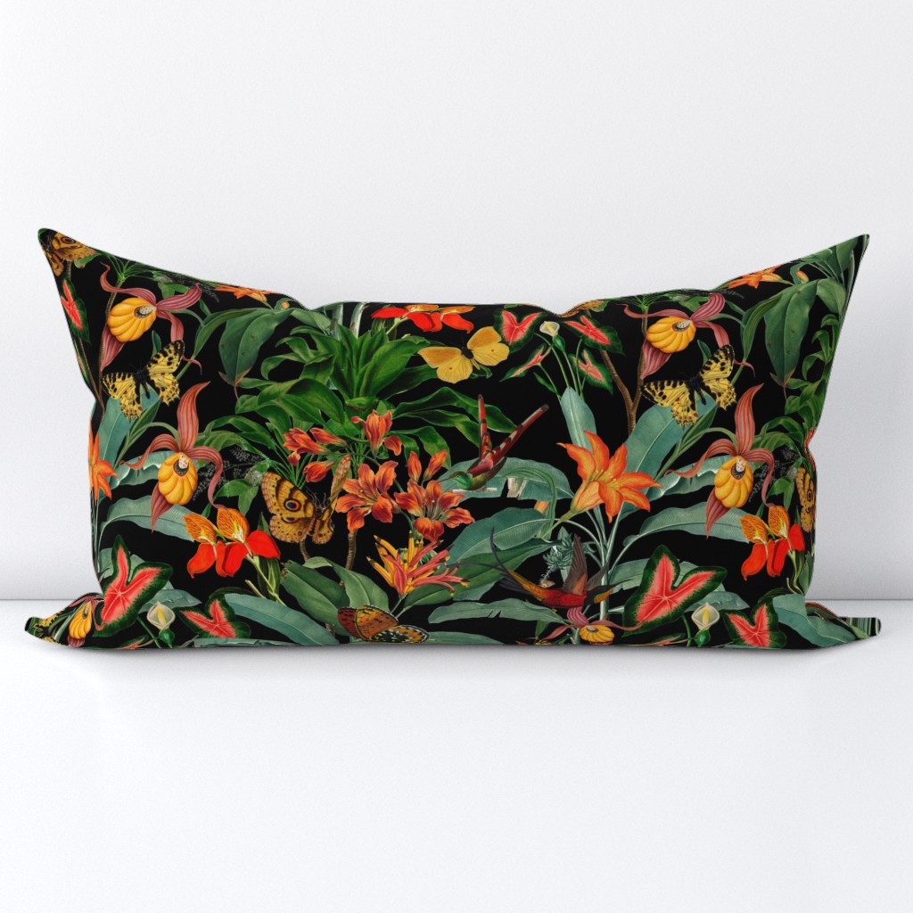 14" Exotic Jungle Beauty: A Vintage Botanical Pattern Featuring Orchids, Hummingbirds, and Butterflies black