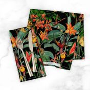 14" Exotic Jungle Beauty: A Vintage Botanical Pattern Featuring Orchids, Hummingbirds, and Butterflies black