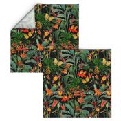 14" Exotic Jungle Beauty: A Vintage Botanical Pattern Featuring Orchids, Hummingbirds, and Butterflies black