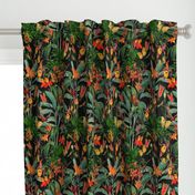 14" Exotic Jungle Beauty: A Vintage Botanical Pattern Featuring Orchids, Hummingbirds, and Butterflies black