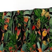 14" Exotic Jungle Beauty: A Vintage Botanical Pattern Featuring Orchids, Hummingbirds, and Butterflies black