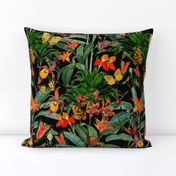 14" Exotic Jungle Beauty: A Vintage Botanical Pattern Featuring Orchids, Hummingbirds, and Butterflies black