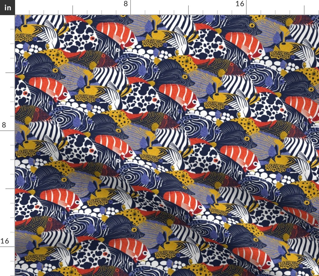 Small scale // So-fish-ticated pattern clash // oxford navy blue neon orange red yellow and electric blue quirky angelfishes and other fishes 