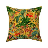 14" Exotic Jungle Beauty: A Vintage Botanical Pattern Featuring Orchids, Hummingbirds, and Butterflies sunny yellow double layer