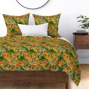 14" Exotic Jungle Beauty: A Vintage Botanical Pattern Featuring Orchids, Hummingbirds, and Butterflies sunny yellow double layer