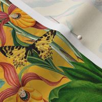 14" Exotic Jungle Beauty: A Vintage Botanical Pattern Featuring Orchids, Hummingbirds, and Butterflies sunny yellow double layer