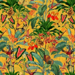 14" Exotic Jungle Beauty: A Vintage Botanical Pattern Featuring Orchids, Hummingbirds, and Butterflies sunny yellow double layer